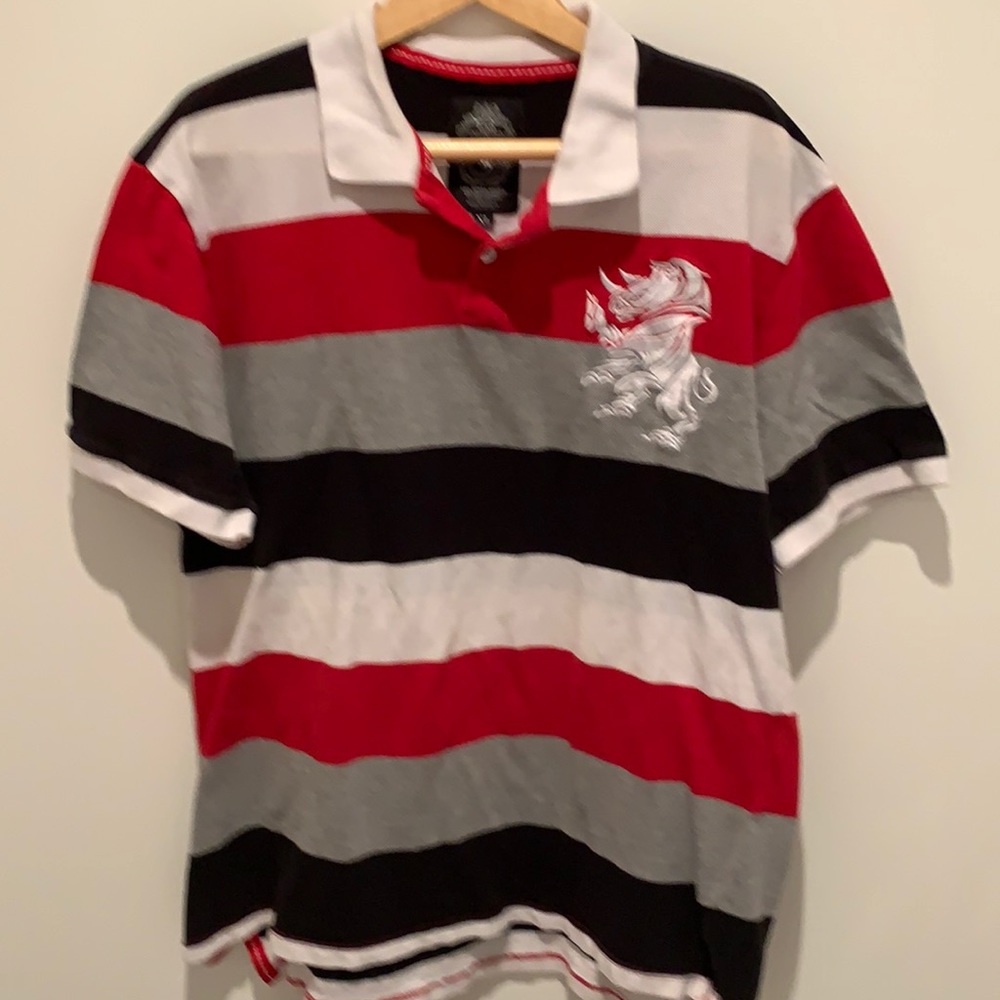 90s Y2K red, black and white striped polo tee